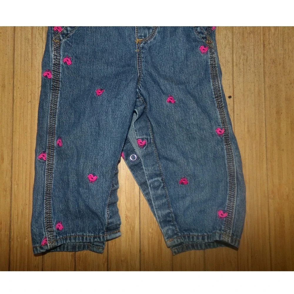 OshKosh Bgosh Baby Girls 12M Vintage Denim Overalls Pink Bird Embroidered